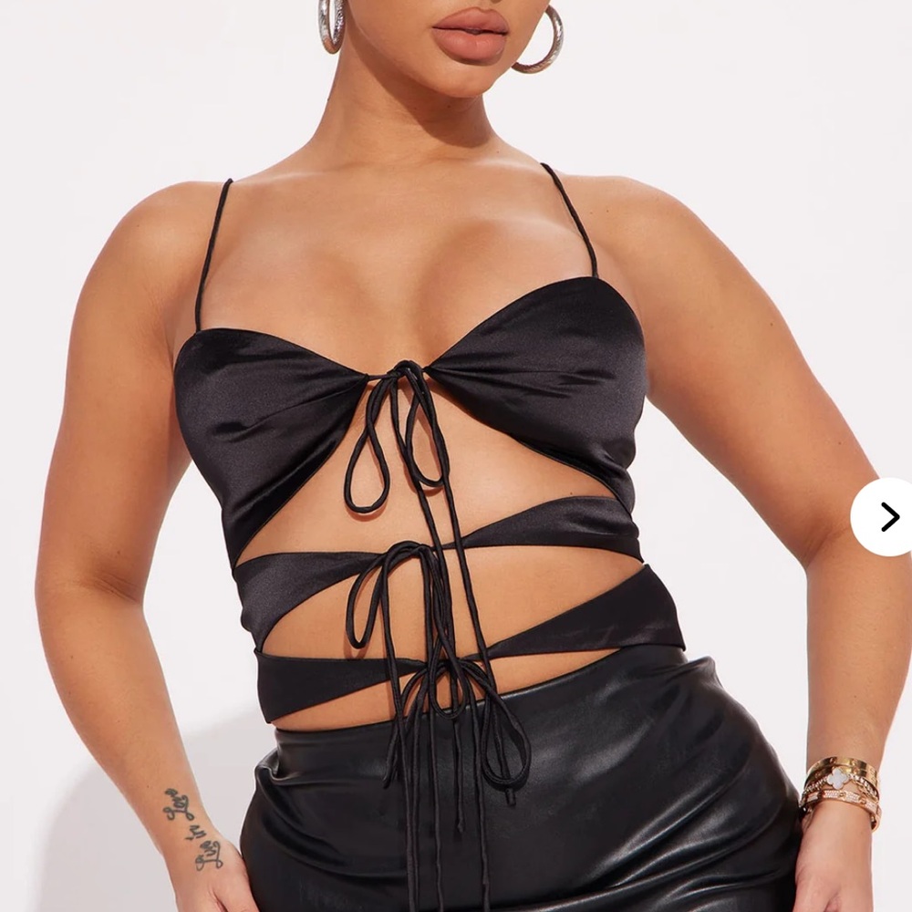 Fashion Nova Black Satin Strappy Cutout Crop Top